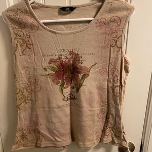Vintage ZN Top XL Juniors Tank Sleeve Blouse Rhinestone Shirt Cropped Floral